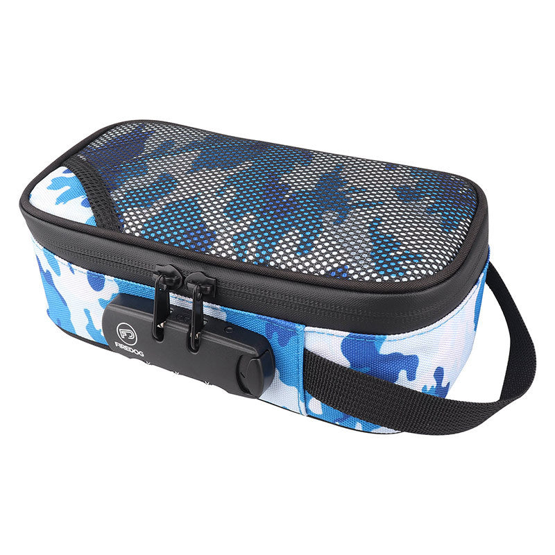 Portable smoking set bag, blue camouflage pattern with carry strap and clasp.