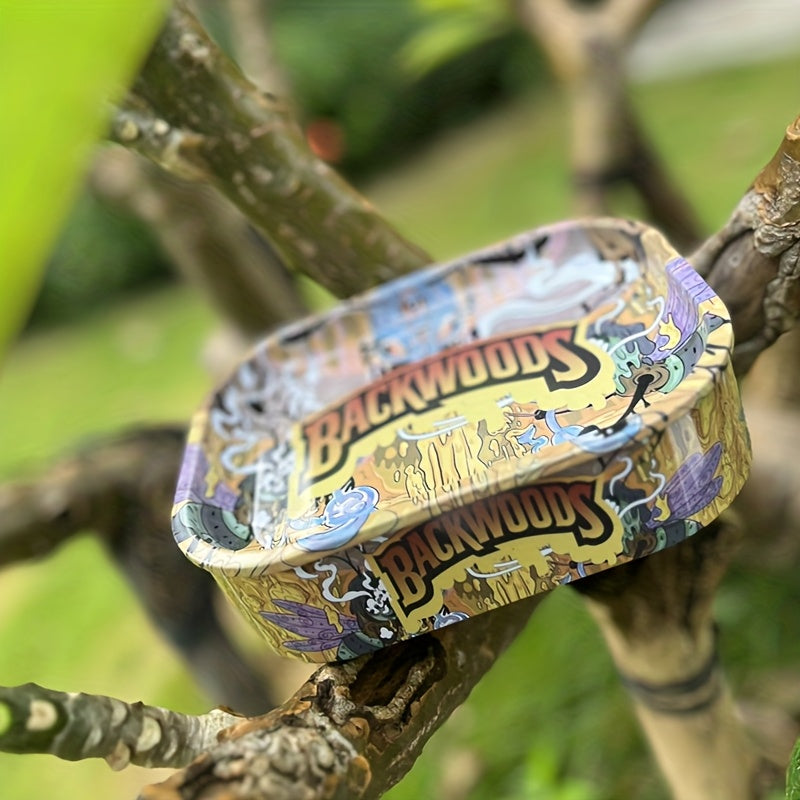 Rolling tray with storage tin, Backwoods graphic print, open tray on tree branch