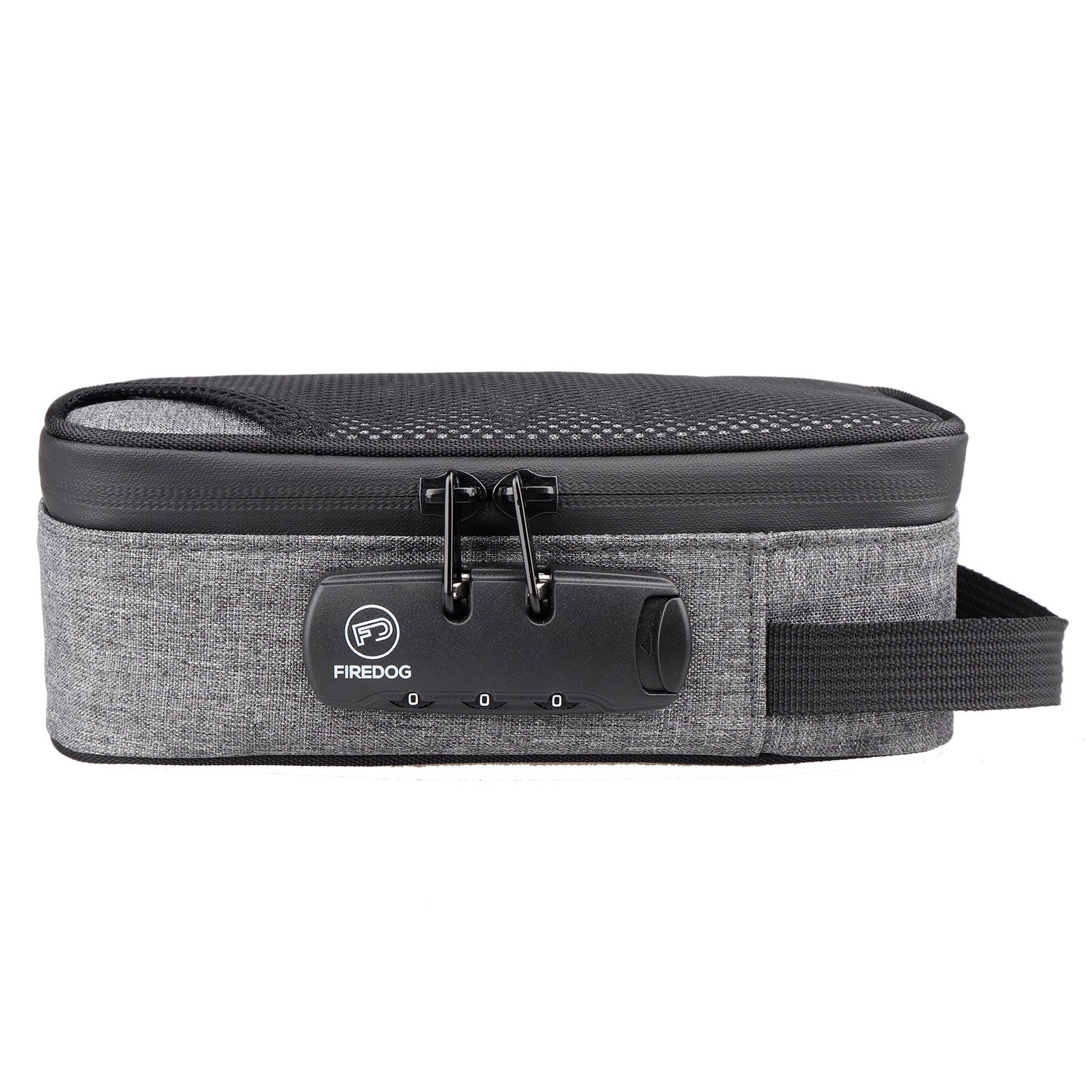 Portable smoking set bag, dark gray top and gray body with carry strap and clasp.