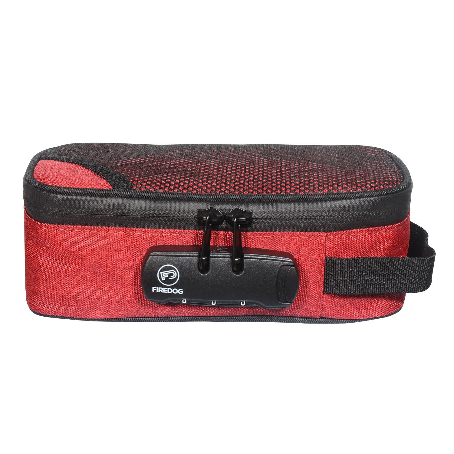 Smoking set bag, red fabric with black trim, zip top, strap, molded device holder.