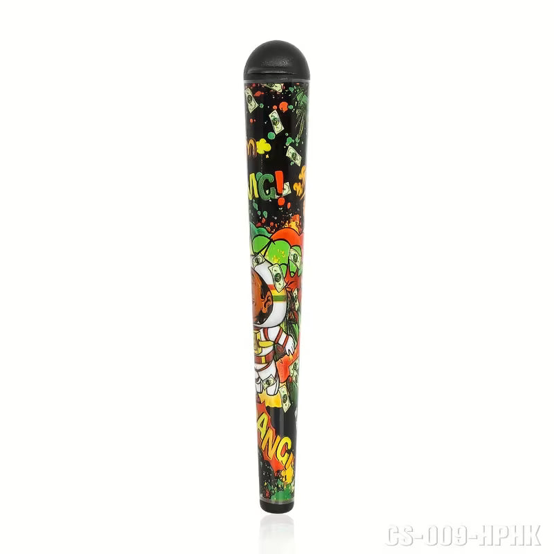Airtight 118mm joint storage tube, black cap, colorful comic print.