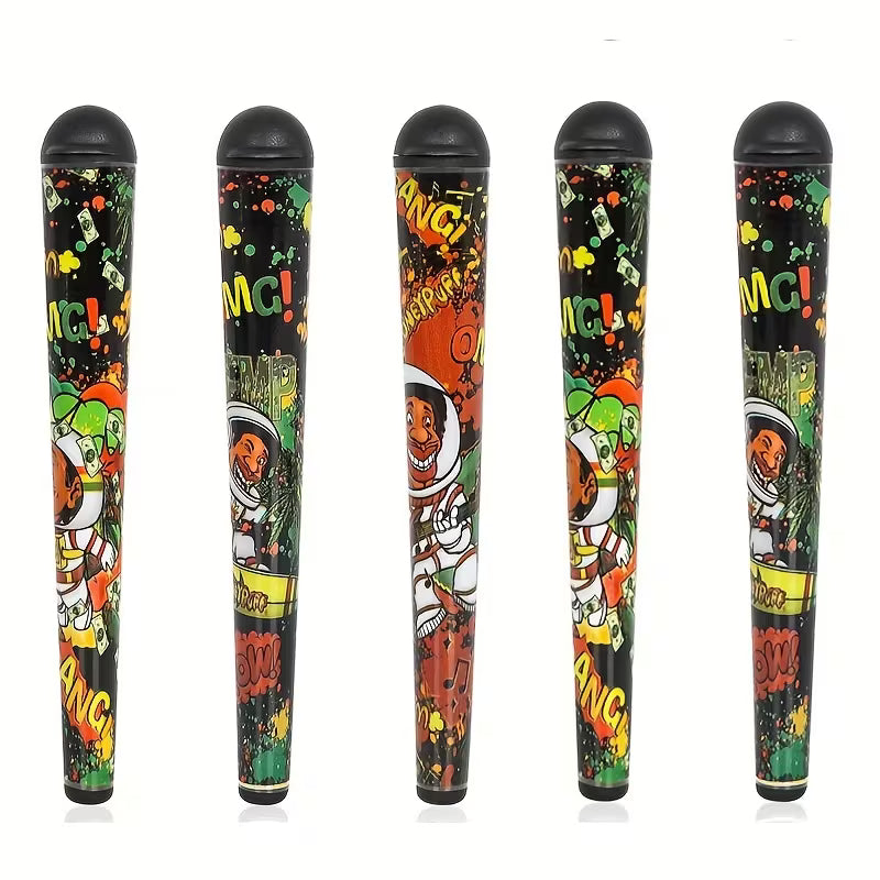 Set of five airtight 118mm joint storage tubes with black caps and comic graphics.