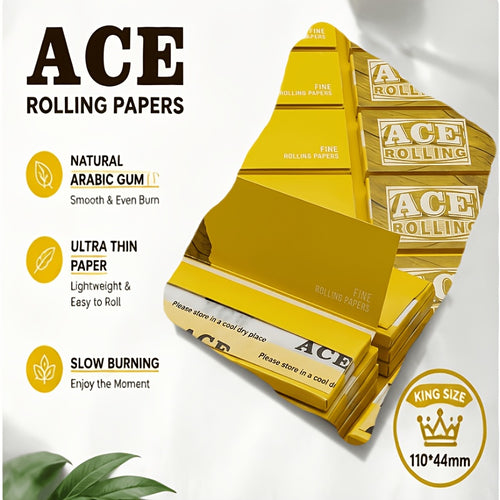 ACE King Size slim rolling papers display pack, gold box and small booklets