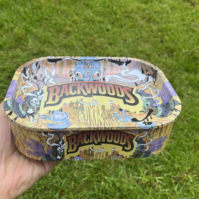 Rolling tray with storage tin, Backwoods graphic print, open tray top