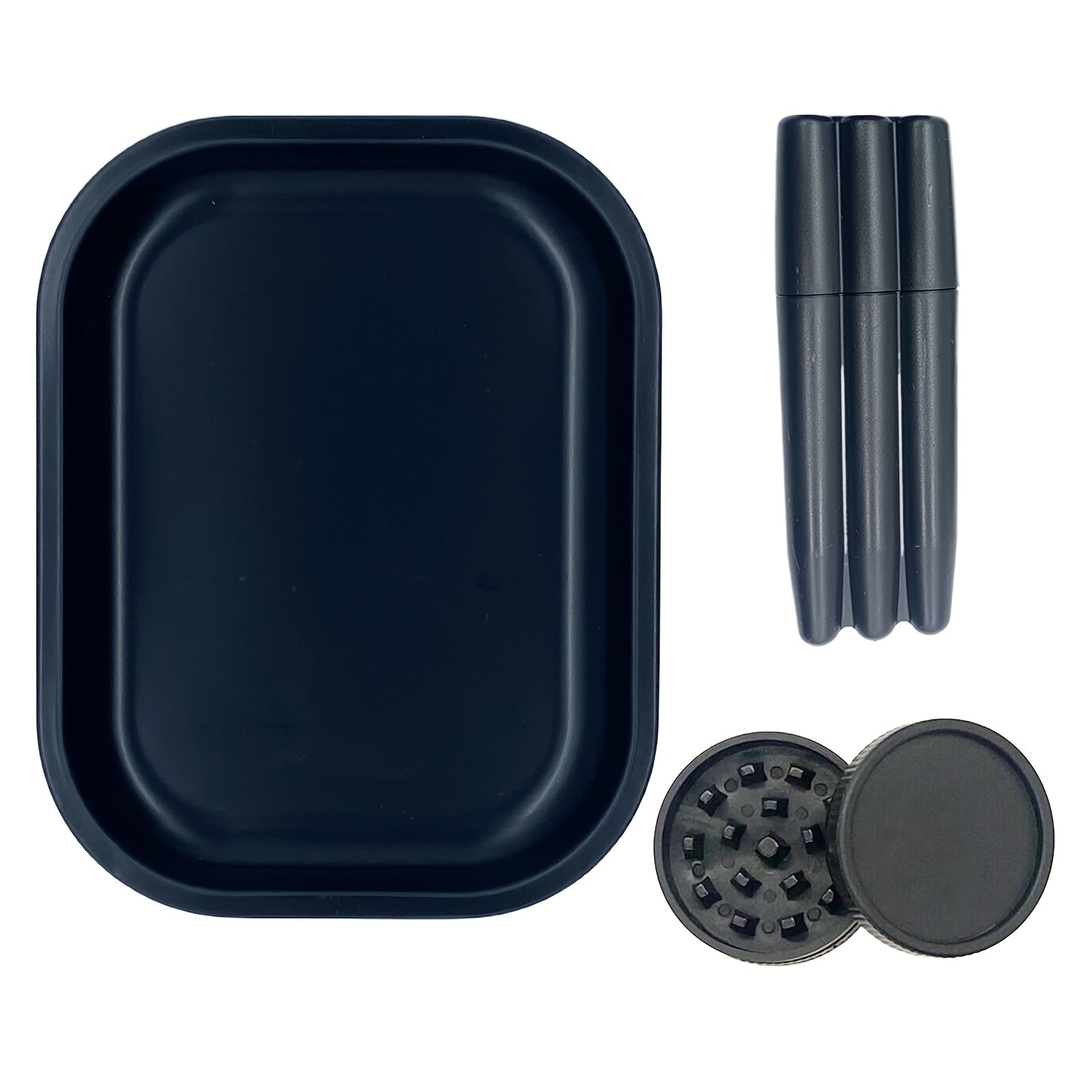 Backwoods rolling tray set: dark tray, black rolling papers, gray grinder lid