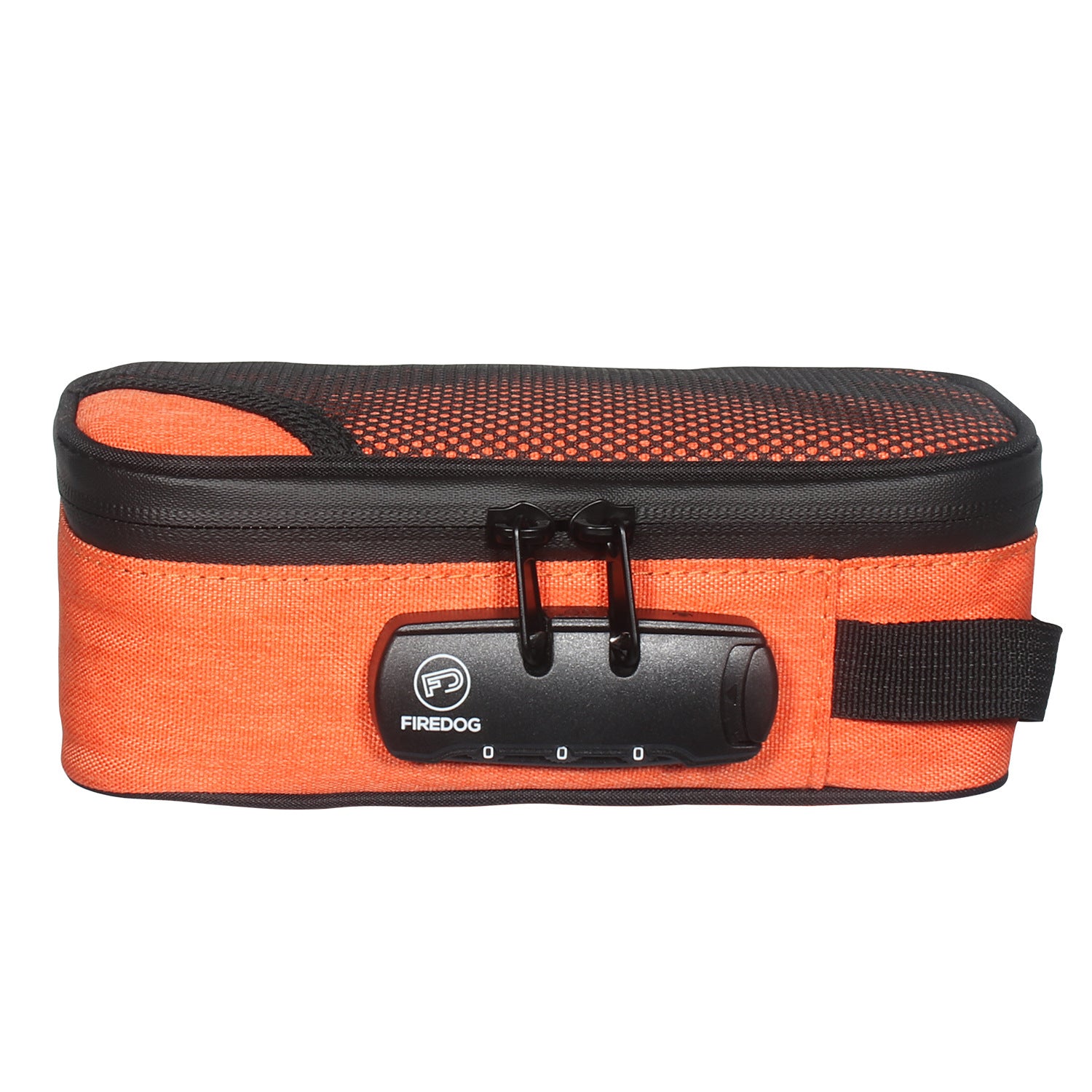 Portable smoking set bag, orange fabric with dark top, carry strap, and clasp.