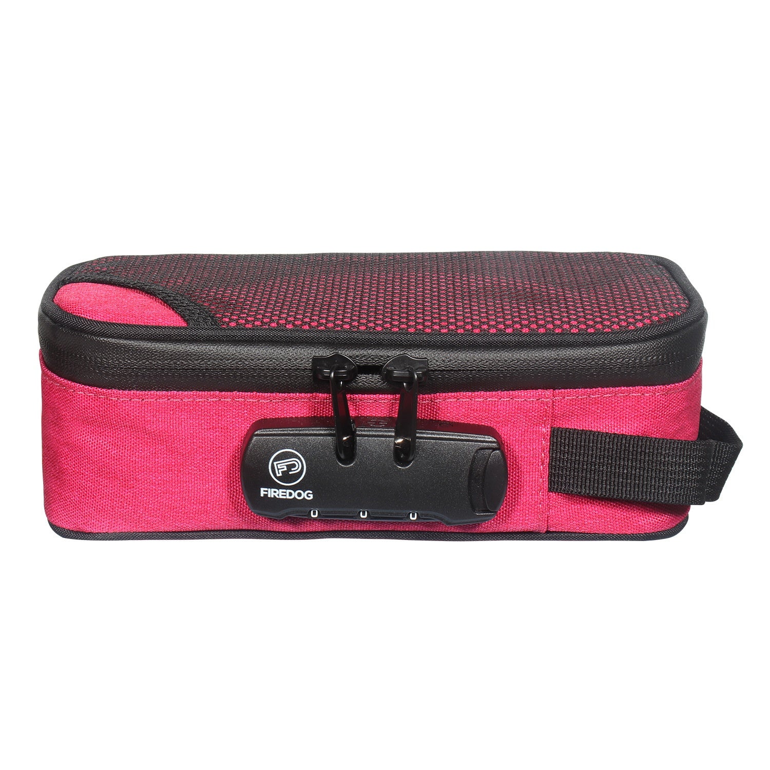 Portable smoking set bag in red and black, zip closure, side strap, device holder.