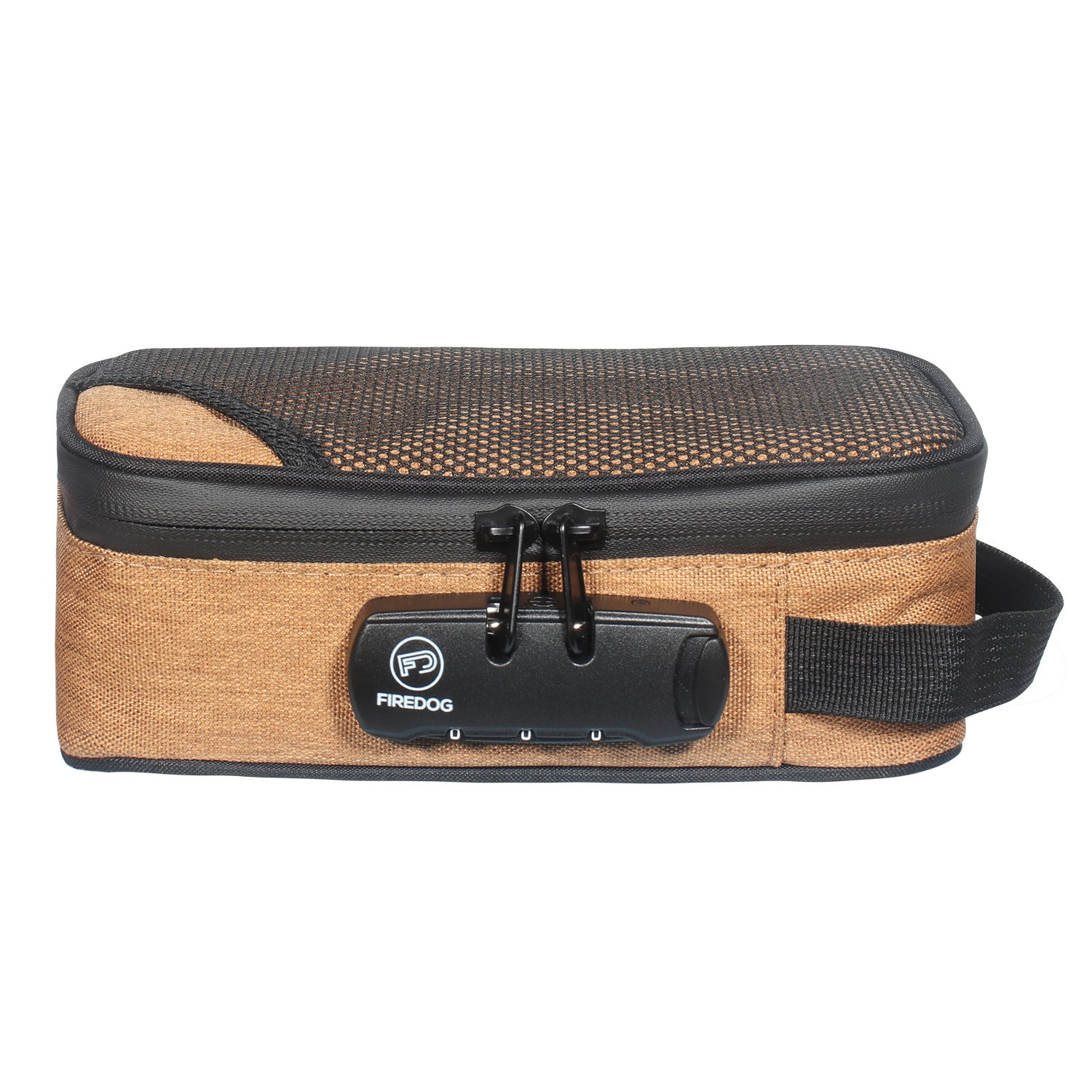 Portable smoking set bag, tan body with dark gray top, carry strap, and clasp.