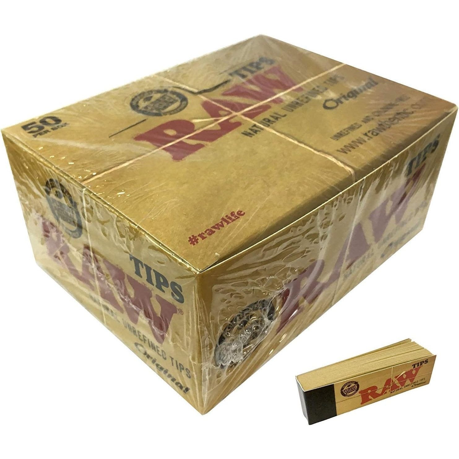 RAW rolling paper tips box, 50-pack with small bundle of tips