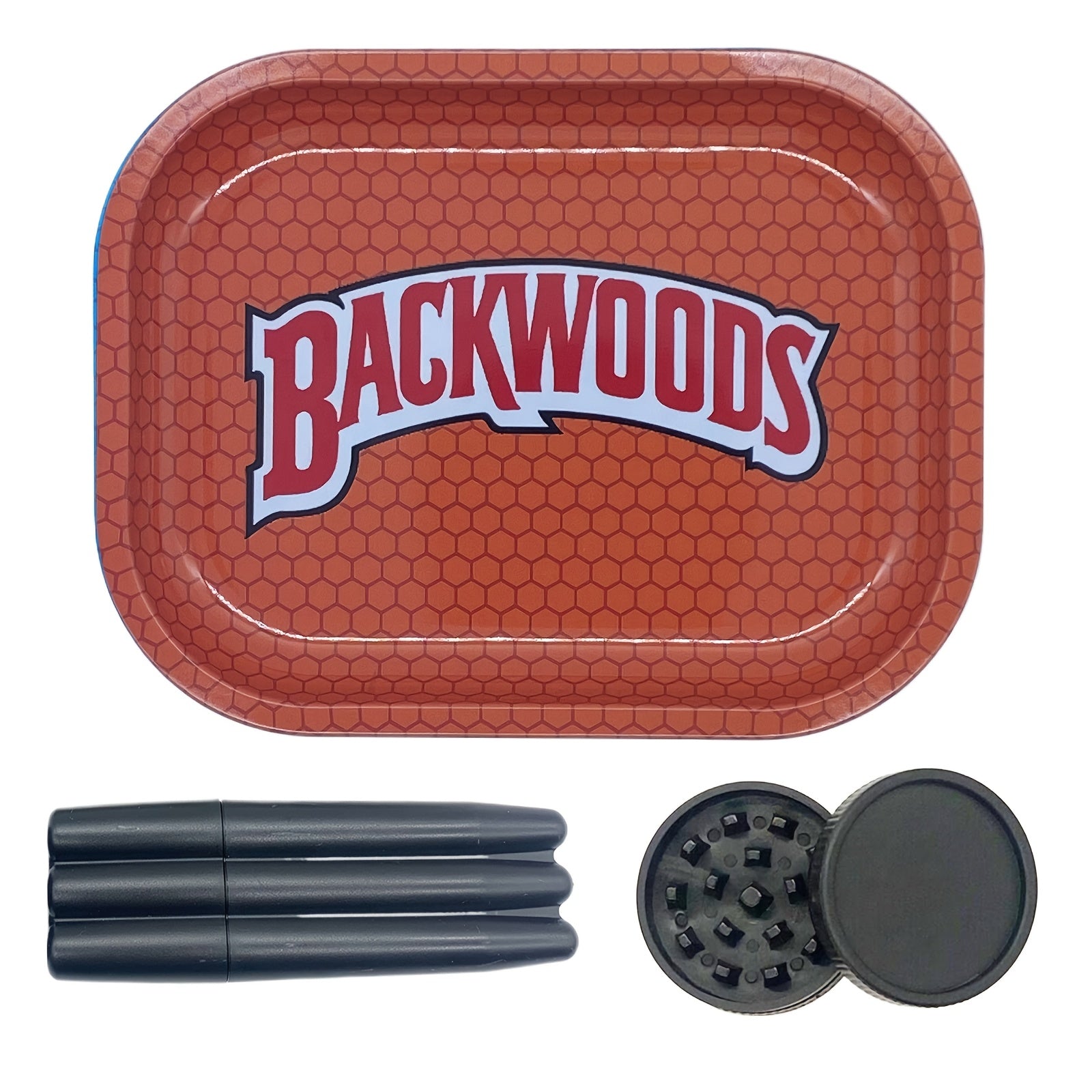 Backwoods rolling tray set: red tray, dark rolling papers, dark grinder lid