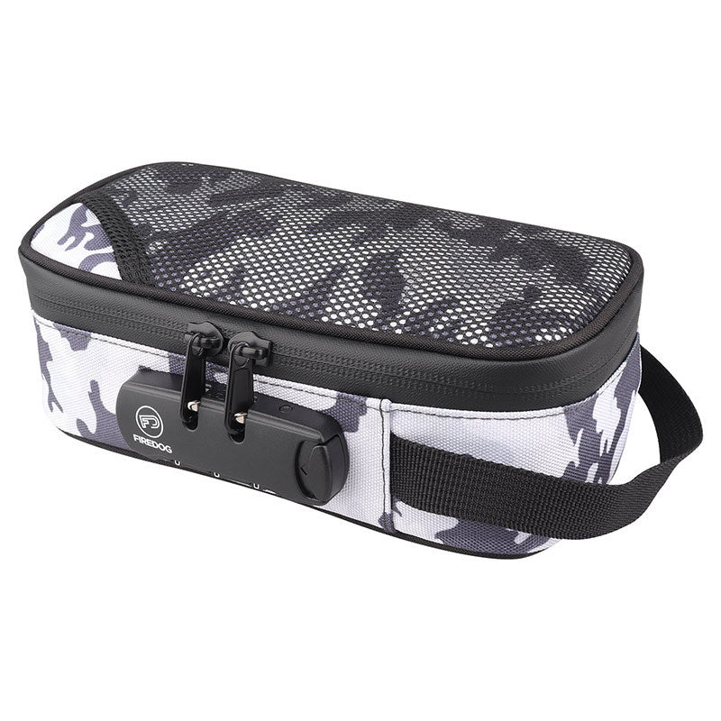 Portable smoking set bag, white and dark camo fabric with carry strap and clasp.