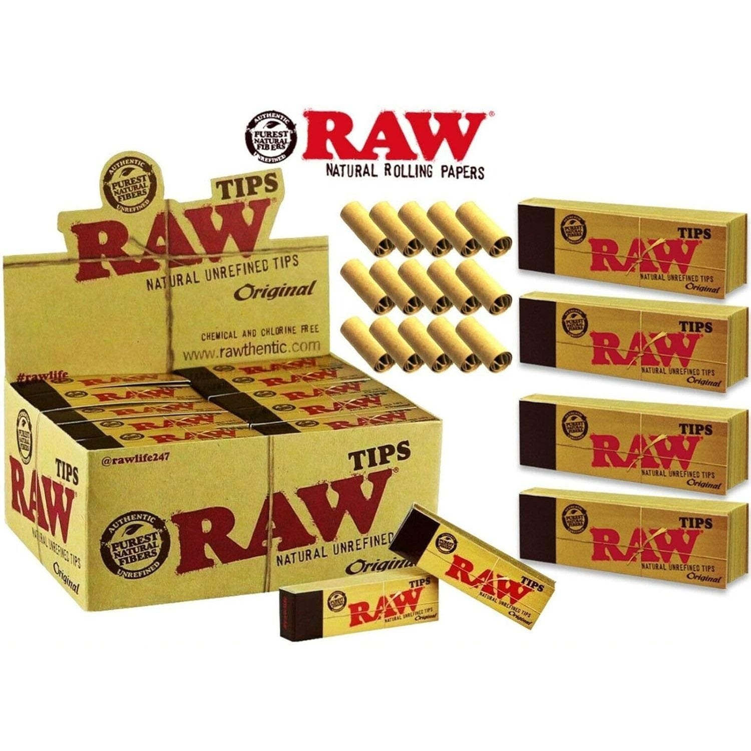 RAW rolling paper tips pack with multiple tip boxes and tubes