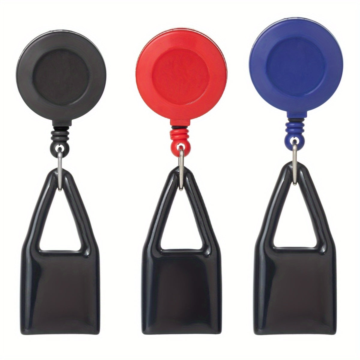 3-pack light keychain clips with red, black, and blue caps and black triangular pouches