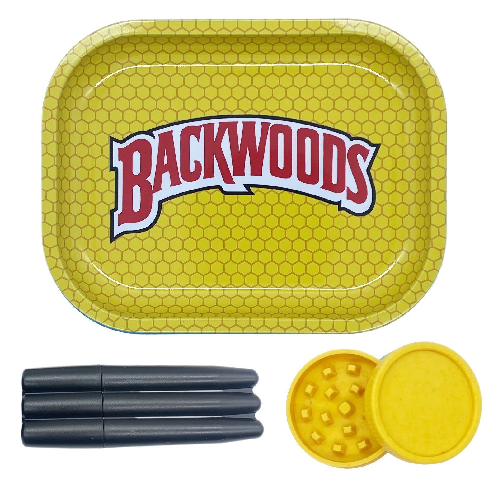 Backwoods rolling tray set: yellow tray, black rolling papers, yellow grinder lid