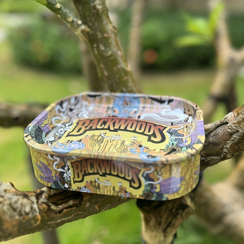 Rolling tray with storage tin, Backwoods graphic print on shallow circular tray