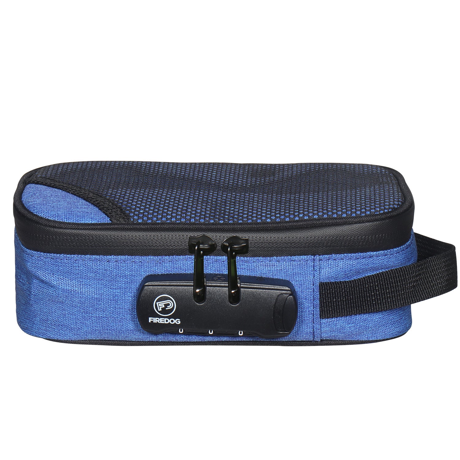 Portable smoking set bag, bright blue body with dark top, carry strap, and clasp.