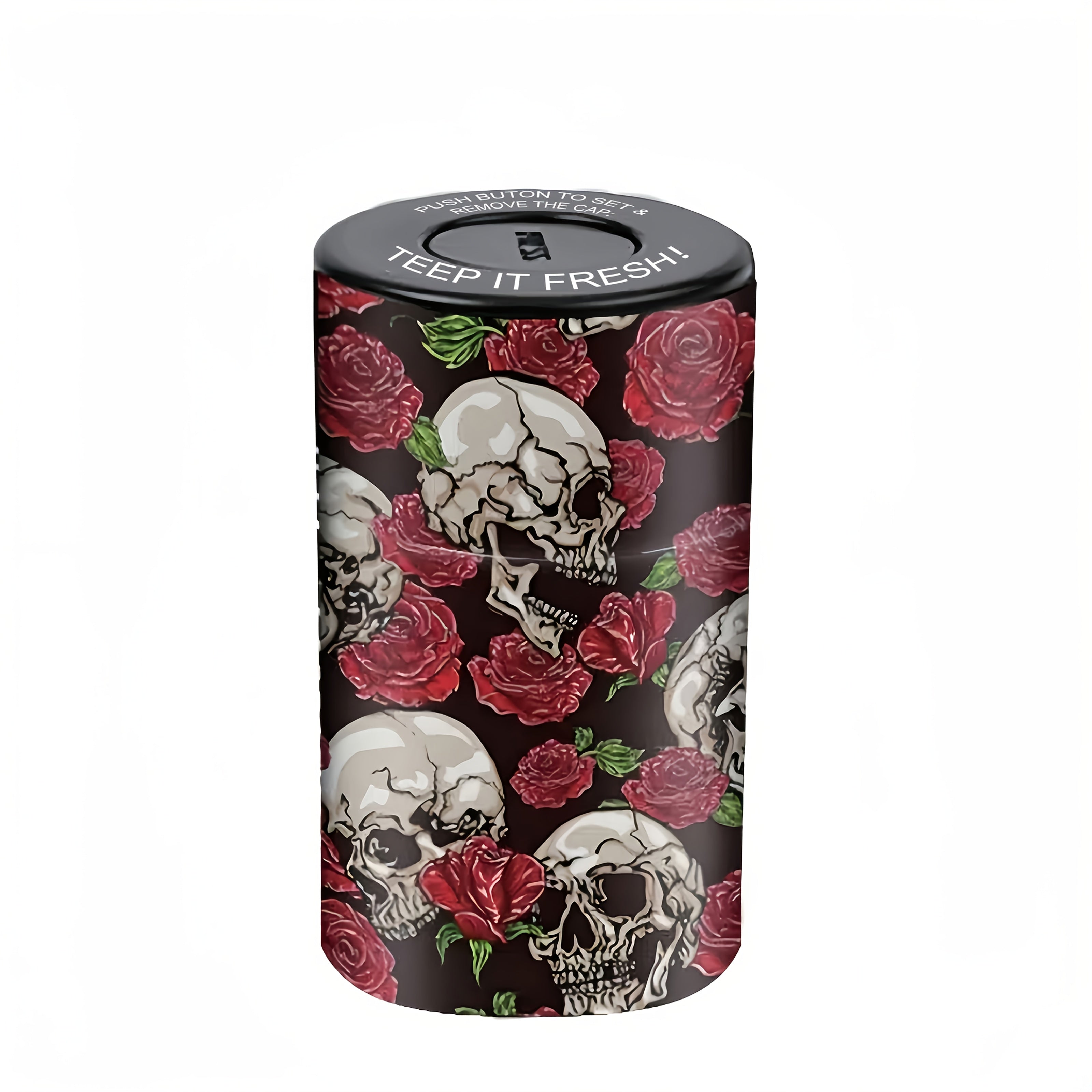 Airtight storage jar with rose and skull pattern and “KEEP IT FRESH” lid