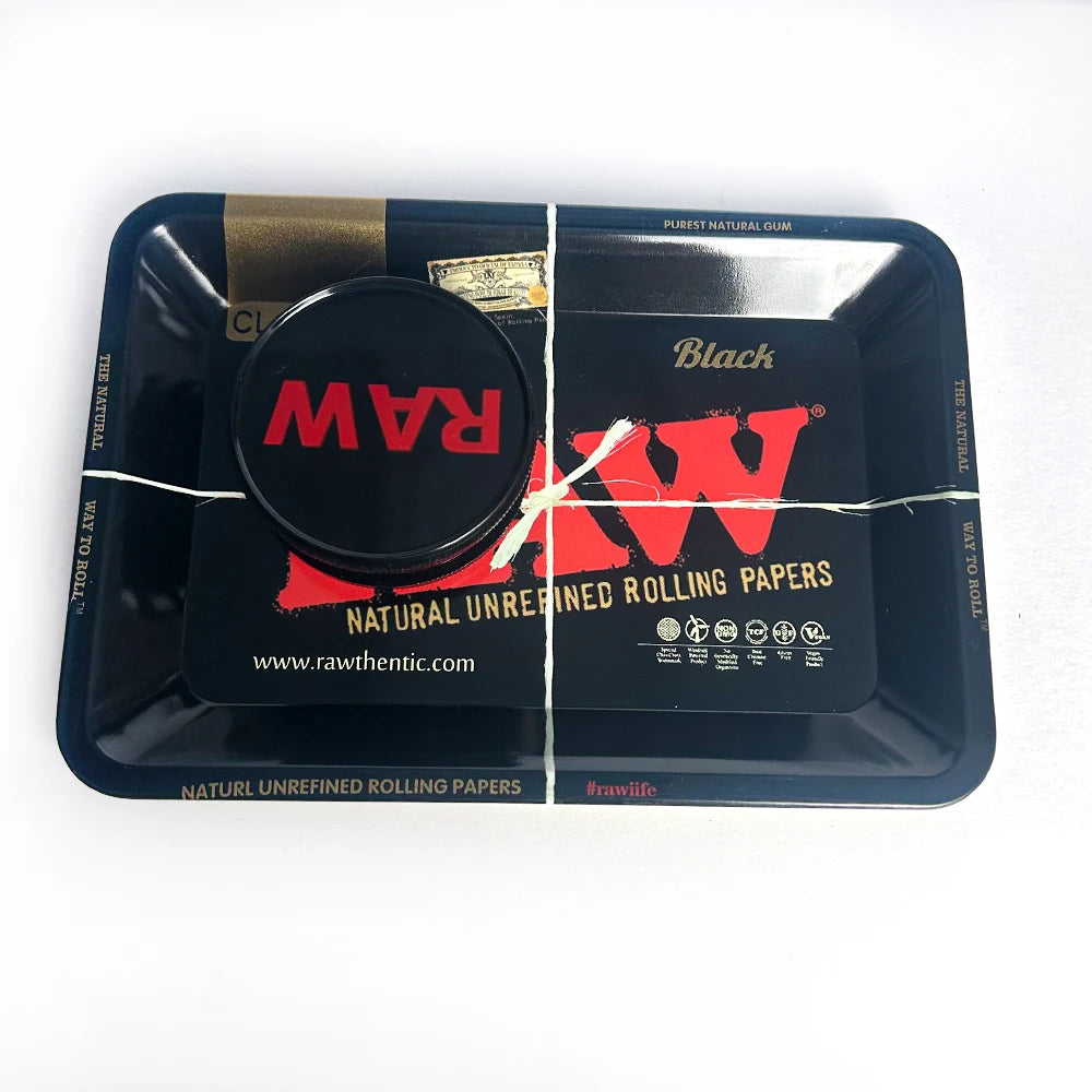 RAW ashtray and grinder set with black rolling tray and round black grinder lid