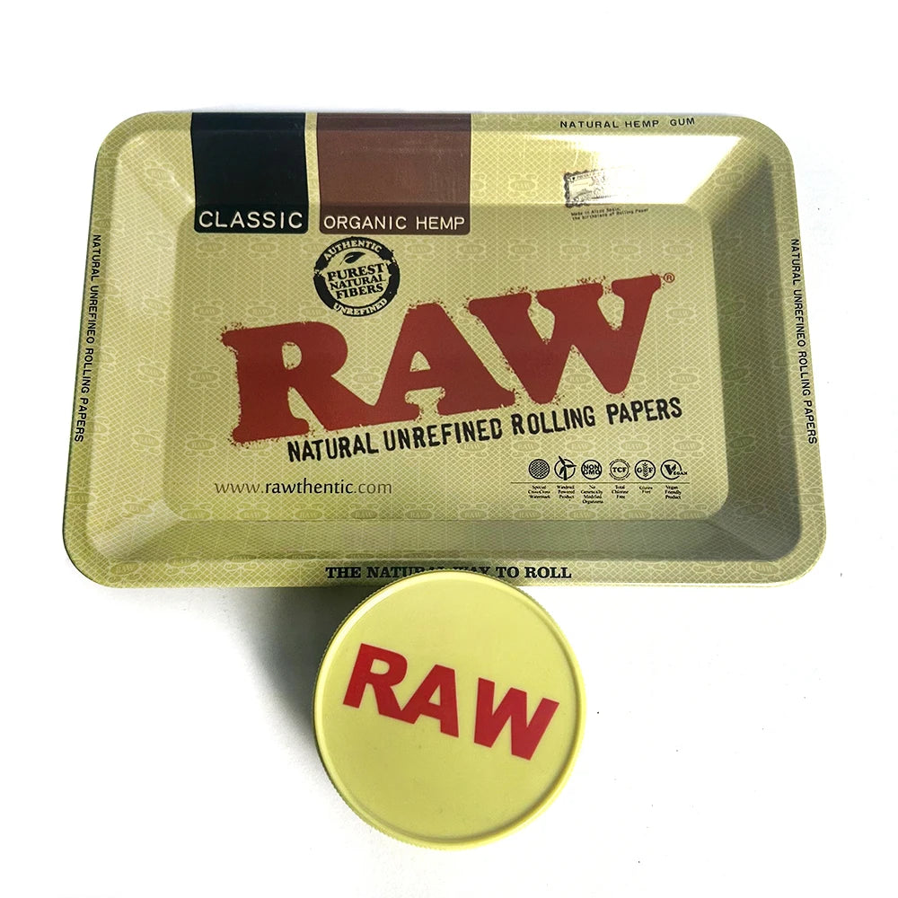 RAW ashtray and grinder set with yellow rolling tray and round yellow grinder lid