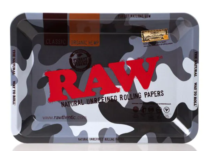 RAW metal rolling tray with urban camo print and clear rim