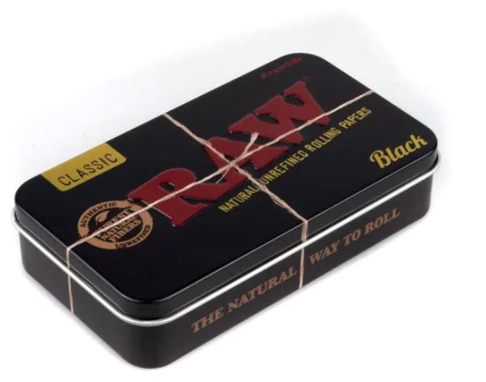 Black tin rolling paper box with hinged lid and bold gold logo