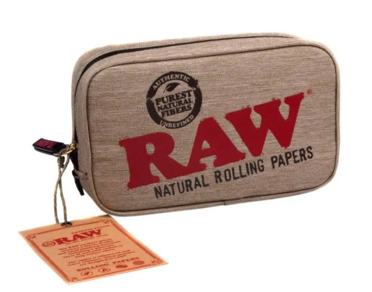 Beige pouch bag with RAW logo print, double zipper, and hanging product tag
