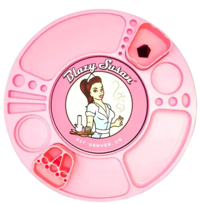 Pink spinning rolling tray with circular top and Blazy Susan logo