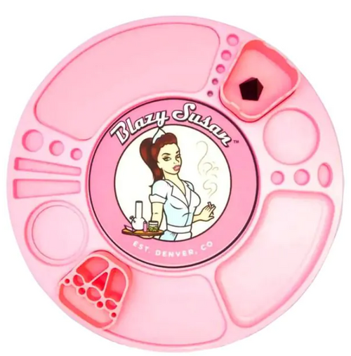 Pink spinning rolling tray with circular top and Blazy Susan logo