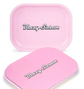 Pink metal rolling tray with magnetic lid, rounded, BLAZY SUSAN logo.