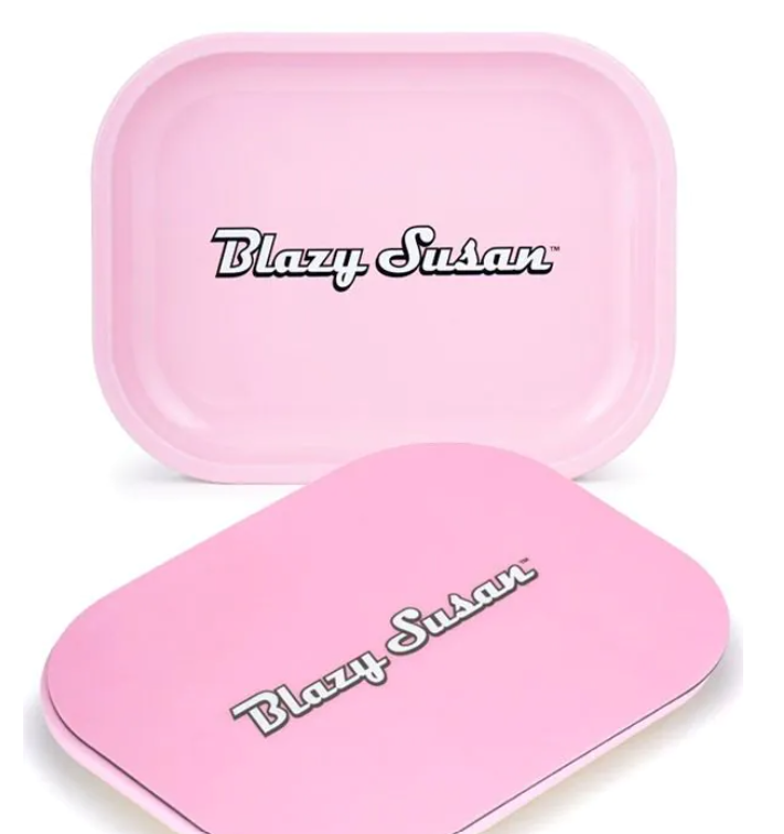 Pink metal rolling tray with magnetic lid, rounded, BLAZY SUSAN logo.