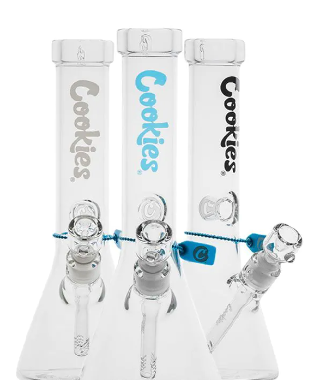 White glass beaker bong with blue accents and percolator, cylindrical base