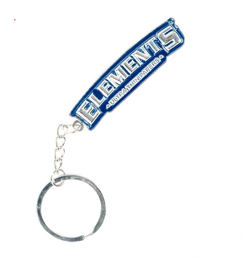 Metal keyring with blue ELEMENTS tag and chain loop