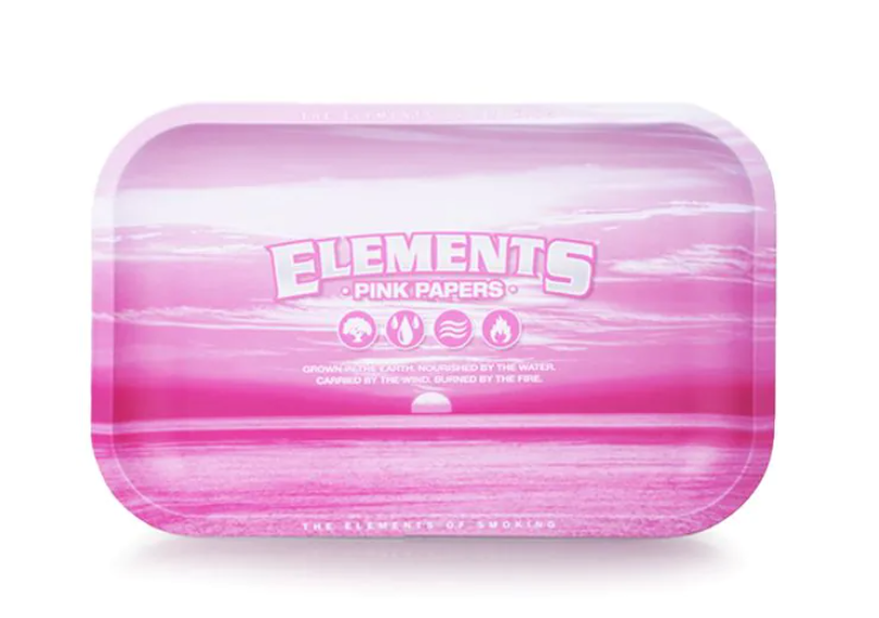 Pink metal rolling tray with Elements Pink Papers logo on top
