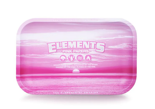 Pink metal rolling tray with Elements Pink Papers logo on top