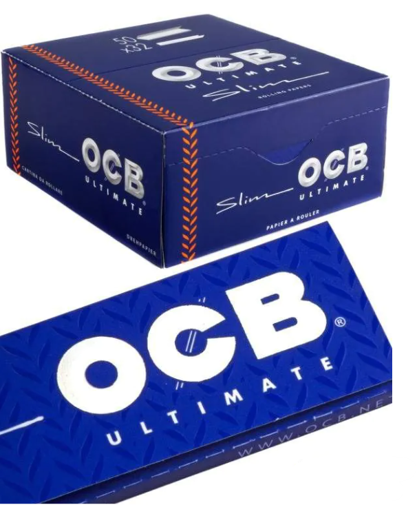 OCB Ultimate slim rolling papers full box, blue with white OCB logo
