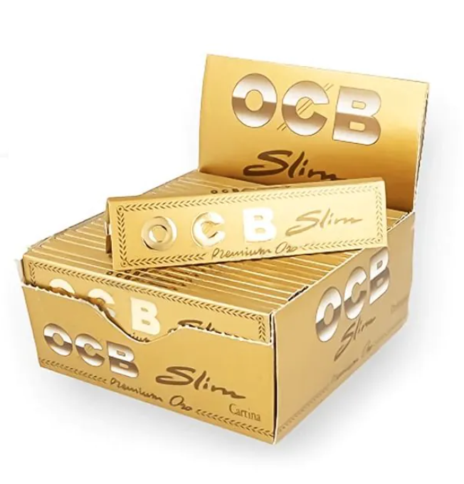 OCB Gold slim rolling papers full box with branded cardboard packaging
