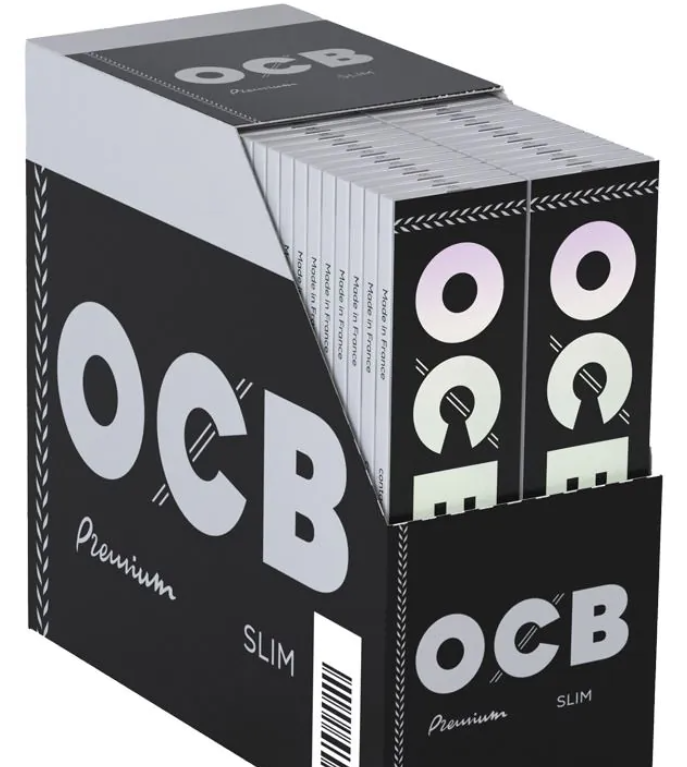 Premium slim rolling paper box, black with OCB logo and king-size box design