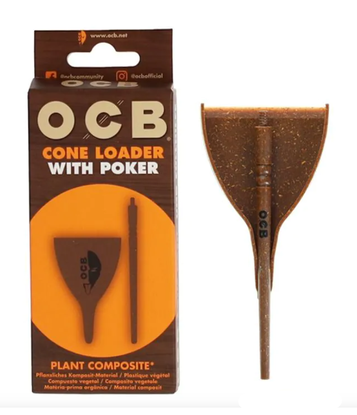 OCB cone loader with poker; plant composite funnel and poker shown in box