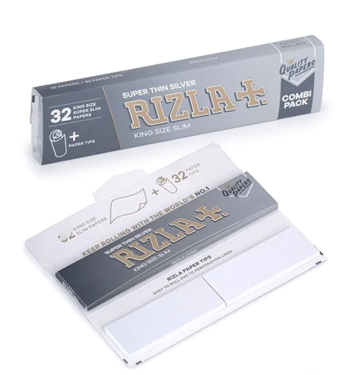Rolling paper combi pack with silver King Size slim papers and tips, box and sleeve