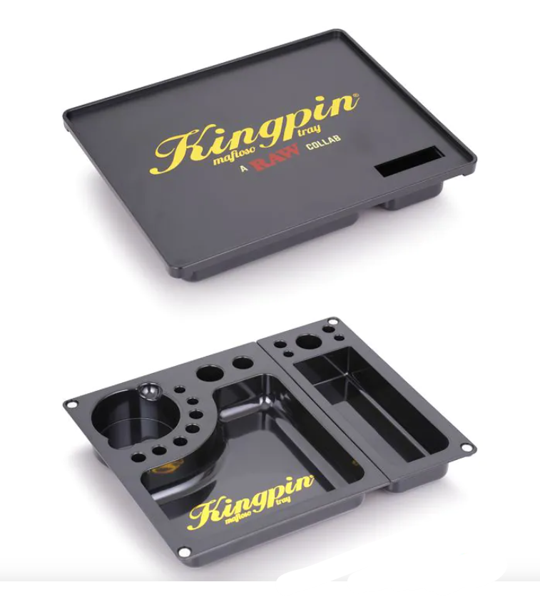 KINGPIN X RAW Mafioso rolling tray in black with KINGPIN logo and cutout slot