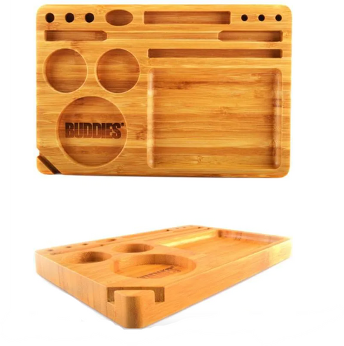 Small bamboo rolling tray with paw print logo, circular cutouts, and rectangular rolling area