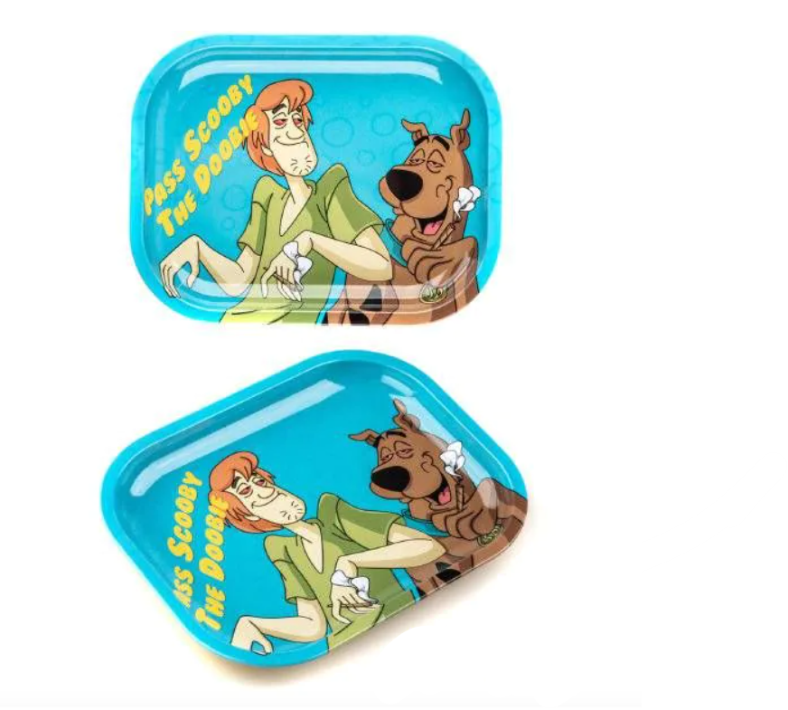 Turquoise metal rolling tray with Scooby-Doo and Shaggy cartoon on top