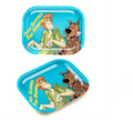 Turquoise metal rolling tray with Scooby-Doo and Shaggy cartoon on top