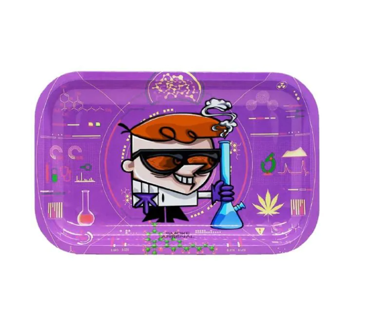 Purple lab-themed rolling tray with cartoon scientist and beaker graphic, rounded rectangle