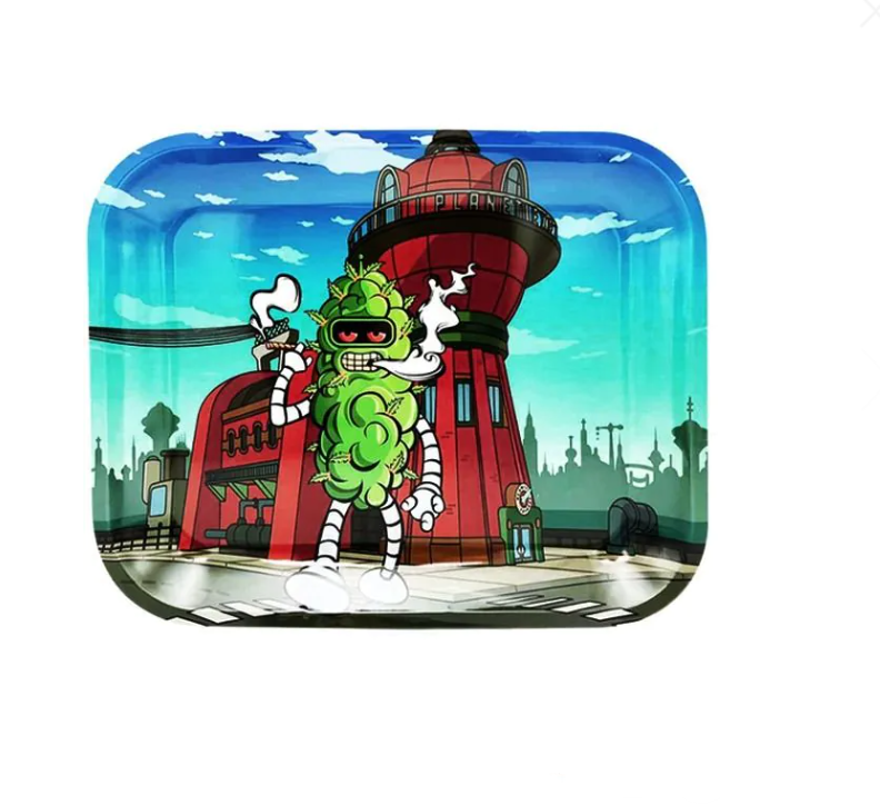 Weedarama rolling tray with colorful cartoon illustration and rounded rectangular shape