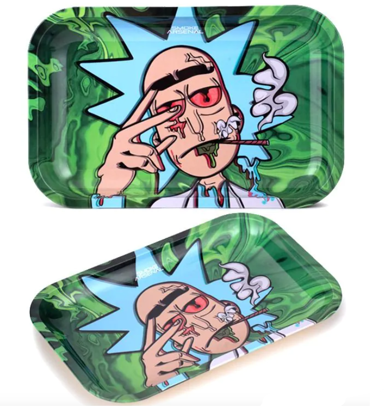 Green rolling tray with cartoon face, smoke and blue star graphics