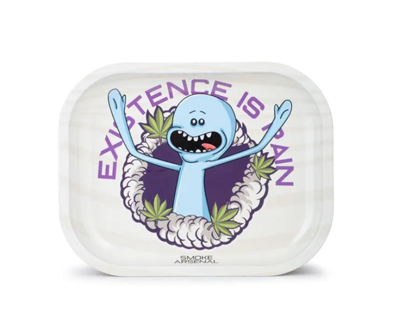 White rolling tray with blue cartoon character and purple 'Existence is pain' text