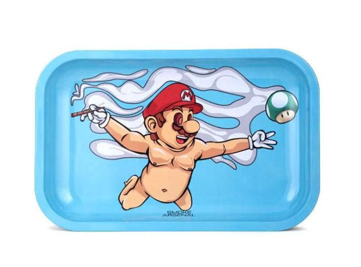 Blue rolling tray with cartoon game character graphic and mushroom design