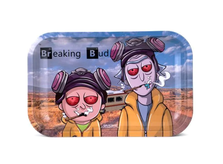 Rick & Morty Breaking Bud rolling tray with two cartoon characters and pink background art