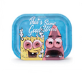 Blue rolling tray with raised rim and cartoon-style characters on top
